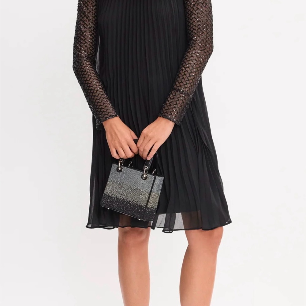 Joseph Ribkoff Black Pleated Midi Dress with Sequin Sleeves - Picture 14 of 15